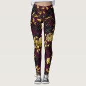 Moderne  zwarte gouden maroon Floral Toil Leggings (Voorkant)