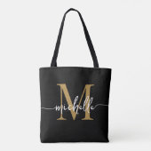Moderne Zwarte Gouden Meisjesachtige Chique Monogr Tote Bag (Achterkant)