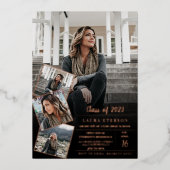 Moderne zwarte gouden minimalistische foto-afstude folie uitnodiging (Voorkant)