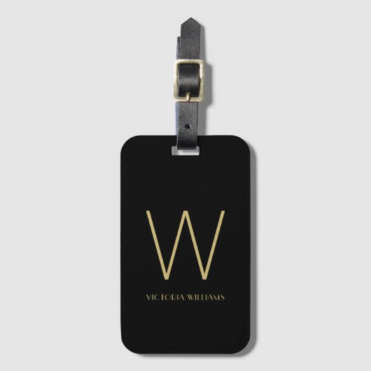 Moderne zwarte gouden minimalistische monogram bagagelabel (Voorkant (verticaal))