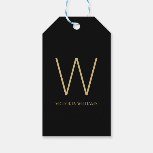 Moderne zwarte gouden minimalistische monogram cadeaulabel (Voorkant)