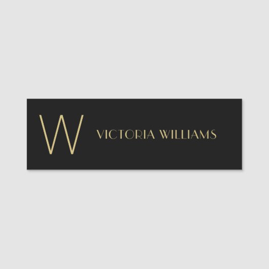 Moderne zwarte gouden minimalistische monogram naamplaatje (Voorkant)