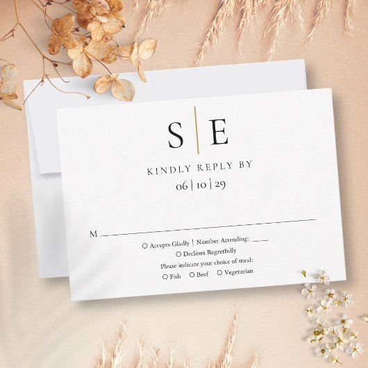 Moderne Zwarte Gouden Minimalistische Monogram Tro RSVP Kaartje