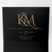Moderne Zwarte Gouden Monogram Alles in Eén Trouwk Drieluik Uitnodiging (Binnenzijde eerst)
