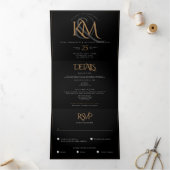 Moderne Zwarte Gouden Monogram Alles in Eén Trouwk Drieluik Uitnodiging (Binnen)