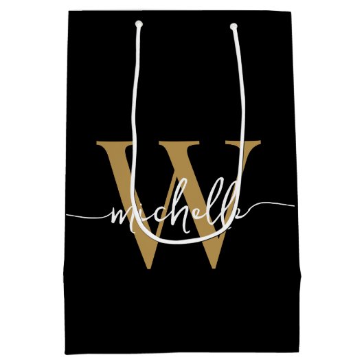 Moderne Zwarte Gouden Monogram Initiaal Stijlvol S Medium Cadeauzakje (Achterkant)