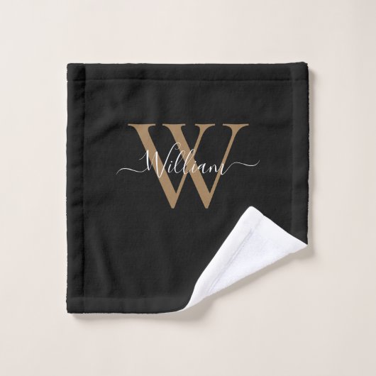 Moderne zwarte gouden monogram naam in script bad handdoek (Wasdoekje)