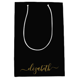 Moderne zwarte gouden monogram naam in script medium cadeauzakje