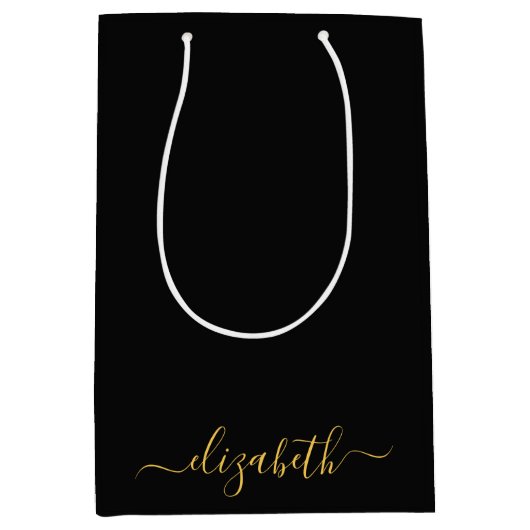 Moderne zwarte gouden monogram naam in script medium cadeauzakje (Voorkant)