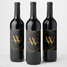 Moderne Zwarte Gouden Monogram Naam Script Geometr Wijn Etiket