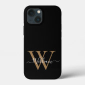 Moderne zwarte gouden monogram script naam Case-Mate iPhone case (Achterkant)