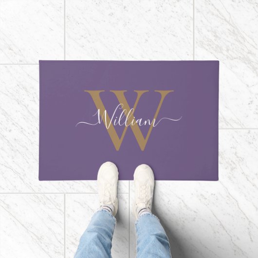 Moderne zwarte gouden monogram script naam deurmat (Binnen)
