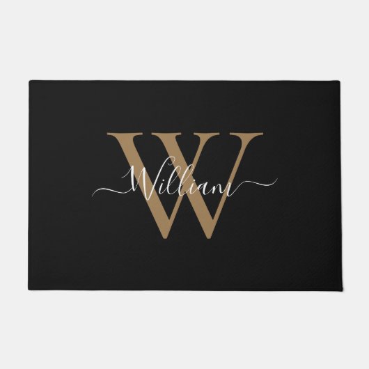 Moderne zwarte gouden monogram script naam deurmat (Voorkant)