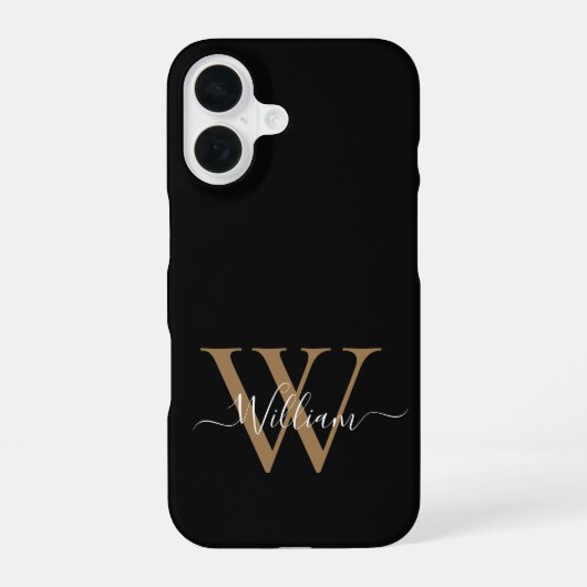 Moderne zwarte gouden monogram script naam iPhone 16 hoesje (Achterkant)