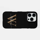 Moderne zwarte gouden monogram script naam iPhone hoesje (Achterkant horizontaal)