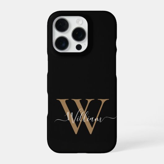 Moderne zwarte gouden monogram script naam iPhone hoesje (Achterkant)