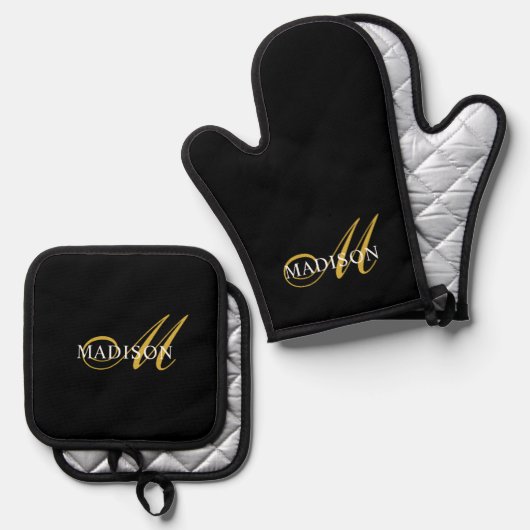 Moderne Zwarte Gouden Monogram Script Ovenwant & Pannenlap Set (Voorkant / Achterkant)