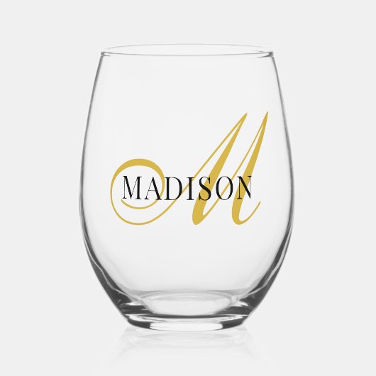 Moderne Zwarte Gouden Monogram Script Wijnglas Zonder Voet (Voorkant)