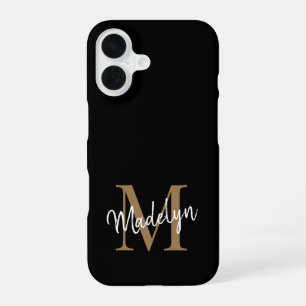 Moderne Zwarte Gouden Monogram Vrouwelijk Script N iPhone 16 Hoesje