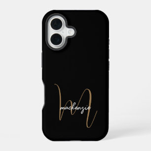 Moderne Zwarte Gouden Monogram Vrouwelijk Script N iPhone 16 Hoesje