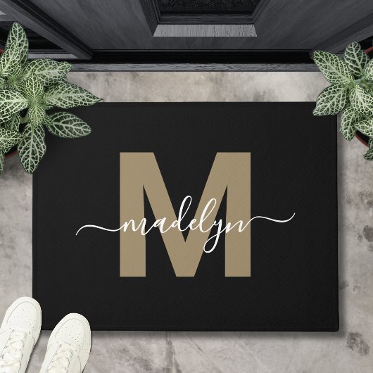 Moderne Zwarte Gouden Monogramnaam Deurmat