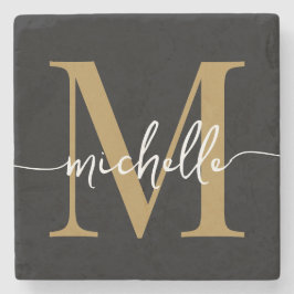 Moderne Zwarte Gouden Monogramnaam Elegant Schrift Stenen Onderzetter