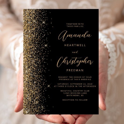 Moderne Zwarte Gouden Nep Glitter Script Bruiloft Kaart
