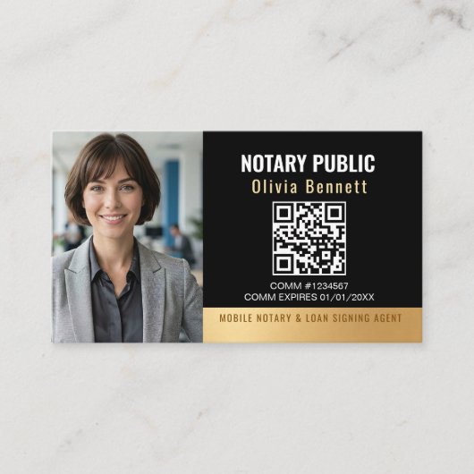 Moderne Zwarte Gouden Notaris QR-code  Visitekaartje (Voorkant)