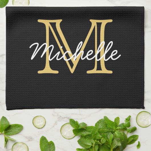 Moderne zwarte gouden persoonlijke naam monogramme theedoek (Gevouwen)