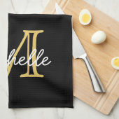Moderne zwarte gouden persoonlijke naam monogramme theedoek (Quarter Fold)