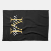 Moderne zwarte gouden persoonlijke naam monogramme theedoek (Horizontaal)