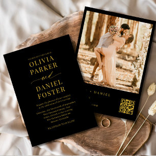 Moderne Zwarte Gouden QR-code Foto Elegante Trouwd Kaart