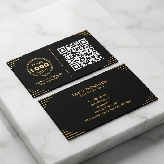 Moderne Zwarte & Gouden QR-code | Luxe Art Deco Visitekaartje