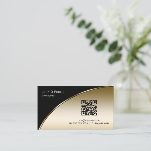 Moderne zwarte gouden QR elegante Professional Visitekaartje (Staand voorkant)