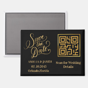 Moderne Zwarte & Gouden QR Huwelijk Save The Date Magneet