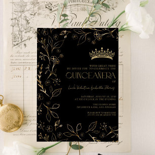 Moderne Zwarte Gouden Roos Bloemen Tiara Quinceañe Kaart