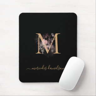 Moderne Zwarte Gouden Roze Roos Bloemige Monogram  Muismat