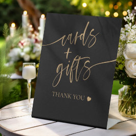 Moderne Zwarte & Gouden Script Kaarten & Cadeaus Reclamebord Met Voetstuk