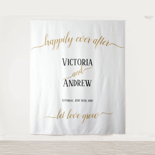 Moderne Zwarte Gouden Script Minimaal Huwelijk Wandkleed (Voorkant)