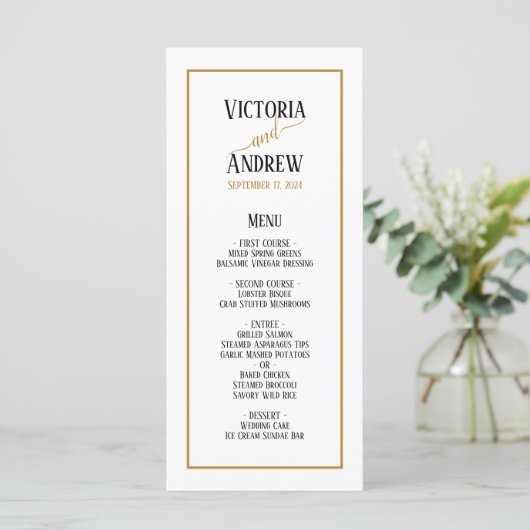 Moderne Zwarte Gouden Script Minimale Trouwdag Menu (Staand voorkant)