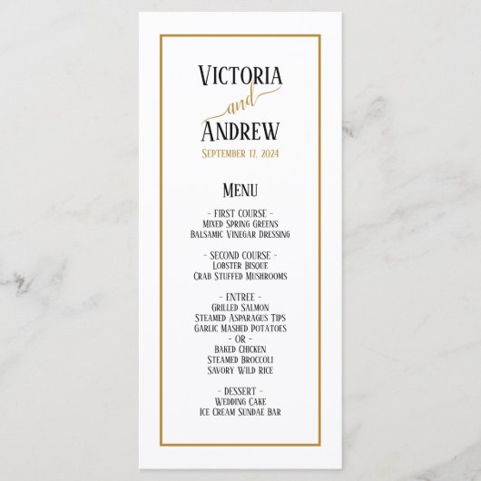 Moderne Zwarte Gouden Script Minimale Trouwdag Menu (Voorkant)