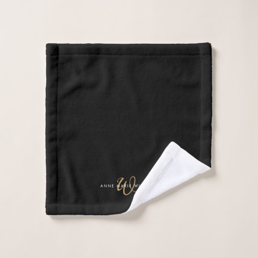 Moderne Zwarte Gouden Script Monogram Bad Handdoek (Wasdoekje)