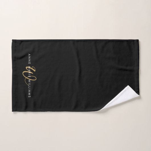 Moderne Zwarte Gouden Script Monogram Bad Handdoek (Handdoek)