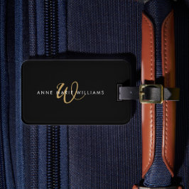 Moderne Zwarte Gouden Script Monogram Bagagelabel