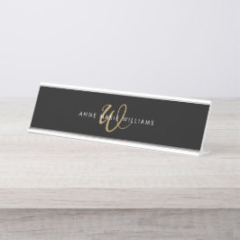 Moderne Zwarte Gouden Script Monogram Bureau Naambordje