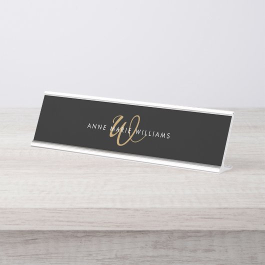 Moderne Zwarte Gouden Script Monogram Bureau Naambordje (Voorkant)