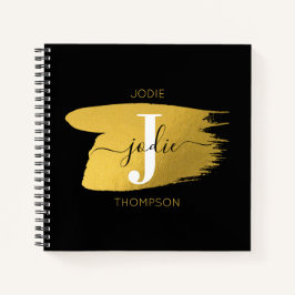 Moderne Zwarte & Gouden Script Monogram Initiaal Notitieboek