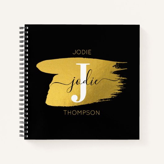 Moderne Zwarte & Gouden Script Monogram Initiaal Notitieboek (Voorkant)