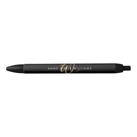 Moderne Zwarte Gouden Script Monogram Inkt Pen (Voorkant)