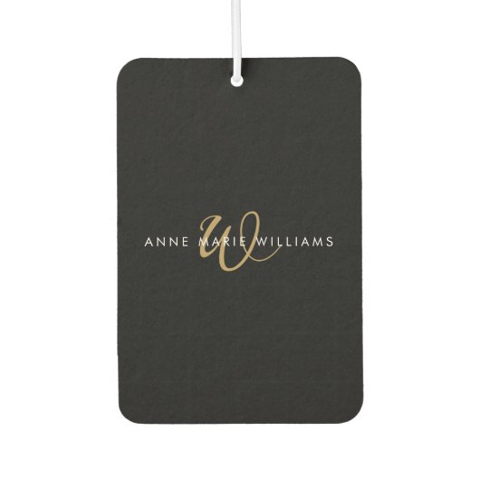 Moderne Zwarte Gouden Script Monogram Luchtverfrisser (Voorkant)